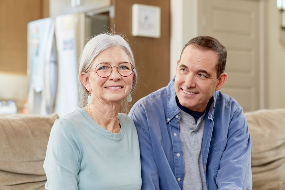Happy senior aging in place connected caregiver